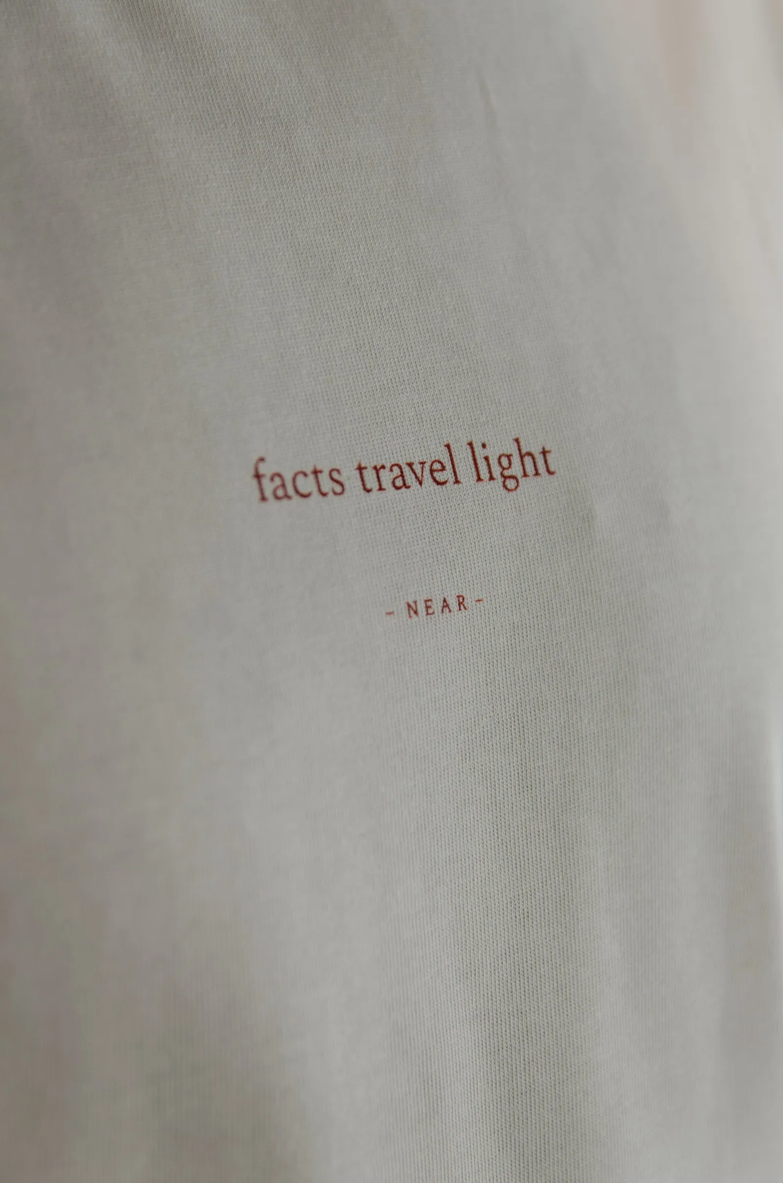 NEAR heavyweight vintage-white tee printed “facts travel light” — photo 2 of 11.