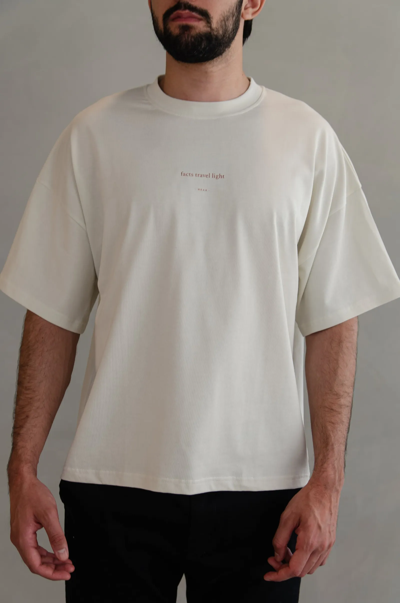 NEAR heavyweight vintage-white tee printed “facts travel light” — photo 3 of 11.